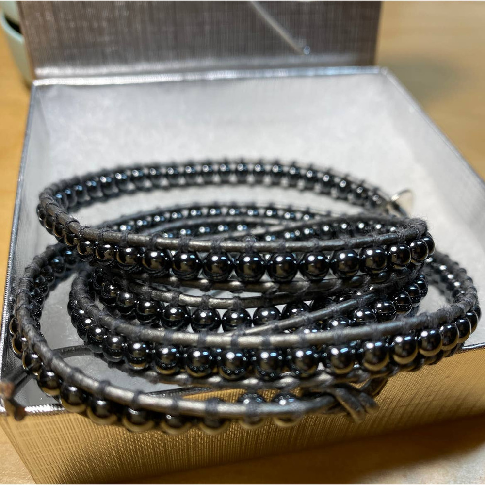 Hematite Bead Wrap Bracelet on Butter-soft Silver Leather, Fits Up To Plus Size